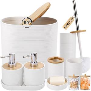 lot 6698 image: XLHOMO White Bathroom Set, White Bathroom Accessories Set with Trash Can, 2PCS Soap Dispensers, Soap Dish, Toothbrush Holder, Toothbrush Cup,Toilet Brush, Tray and Qtip Holders for Bathroom Decor
