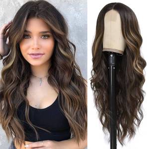 lot 6714 image: Colorful Queen Brown Mixed Blonde Highlight Wigs for Women Ombre Brown Wig Long Curly Wavy Lace Front Wig for Daily Party Use Cosplay Halloween