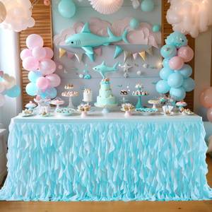 lot 6720 image: Partisky Aqua Blue Tulle Curly Willow Table Skirt for Rectangle Table 6ft, Ruffle Tutu Table Cloth for Boys Baby Shower,Birthday Party Candy Cake Tables