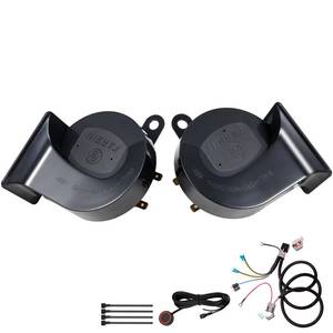 lot 6721 image: AOLIHAN Upgraded Car Horn Kit, 12V Black Snail Dual Horn for Motorcycle, Waterproof Loud Train Horns, Motohorn Perfect for Car, Truck, Boat, 130dB GM Horns