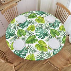 lot 6725 image: AIMASTZ Elastic Edged Round Fitted Green Tropical Palm Leaves Table Cloth Cover for Indoor Outdoor Kitchen Party, Waterproof Wipeable Tablecloth for 40- 44 Tables,Small