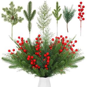 lot 6733 image: ProSuites Artificial Pine Branches Christmas Greenery Stems Pine Picks Xmas Stems Pine and Cypress Branches Red Berries Christmas Holiday Decoration, DIY Christmas Garland Wreath