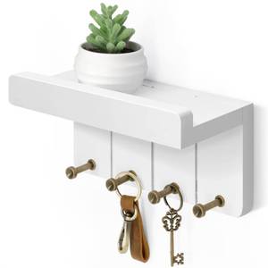 lot 6745 image: Rebee Vision Small Key Holder Wall Mount - Aesthetic Room Decor with 4 Study Hooks and Mini Floating Shelf - Ideal Apartment Essentials for Farmhouse Living Room and Home Decor (Modern White)