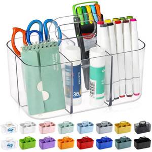 lot 6758 image: Multiuse Caddy Organizer with Handle - Stackable Plastic Tote Bin - Art Craft Supplies, Office, Desk, Stationery Pen Holder, Kitchen, Utensil, Makeup, Bathroom, Shower, Cleaning, Dorm Organizer -Clear
