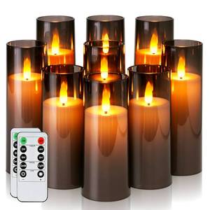 lot 6797 image: Homemory Decorative Flameless Candles, Battery Operated Candles with Remote & Timer, Flickering Led Pillar Candles, Plexiglass, Grey, Pack of 9, D2.2 xH 5 6 7