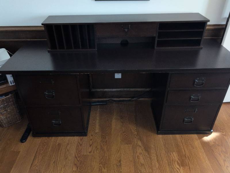 lot 206 image: Pottery Barn Traditional Dark Wood Executive Desk with File Storage