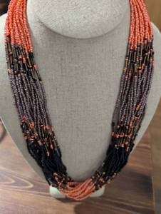 lot 2461 image: Multi-Strand Seed Bead Necklace in Coral and Grey