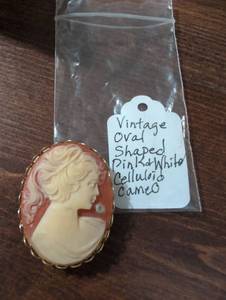 lot 2487 image: Oval Pink and White Celluloid Cameo Brooch