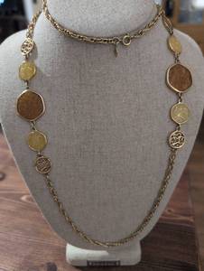 Sarah Coventry Gold Tone Chain Necklace with Citrine and Amber Hexagon Stations