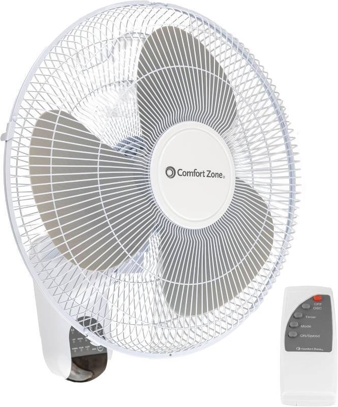lot 461027 image: Comfort Zone 16-Inch Wall Mount Fan with Remote Control Quiet 3-Speed Oscillating Indoor Fan with 90 Wide-Angle Airflow, Timer & Sleep Modes Space-Saving Wall Fan for Bedroom, Home Gym & Office