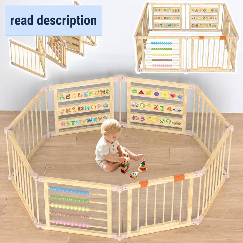 lot 351431 image: Retails for $120 Foldable Wooden Baby Playpen with Gate, Wood Baby Play Pen Play Yard with Educational Abacus, Alphabet Board, Shape Color Board & Child Proof Lock, Wood Playpen for Babies and Toddlers 57 57 23 inch