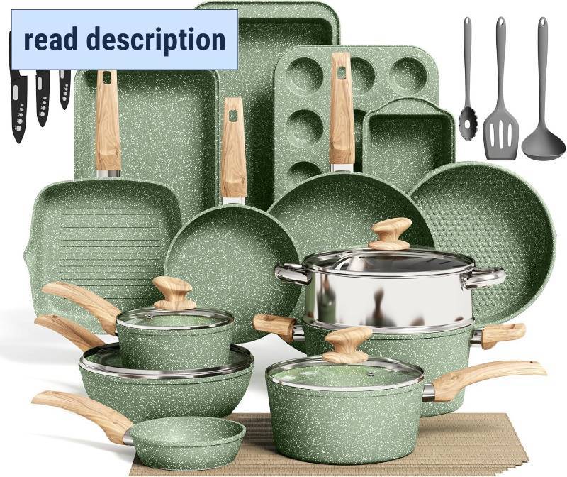 lot 421191 image: Retails for $200 Kitchen Academy Pots and Pans Set Nonstick, 30 Pieces Induction Kitchen Cookware and Bakeware Sets, Green Granite Coating Cooking Pans Set