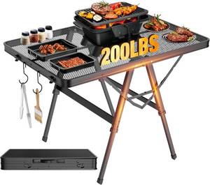 lot 141951 image: Foldable Grill Table with Mesh Desktop, 200lbs 3Ft Portable Folding Table, Height Adjustable Metal Table for Ourdoor, Camping, Picnic, BBQ and Beach, RV, 35.4 L x 23.6 W
