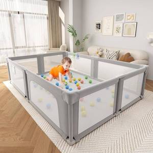 lot 141968 image: Retails for $118 Baby Playpen, 73 x 61 Large Foldable Playpen with Mat for Babies and Toddlers, Play Pen with Soft Breathable Mesh, Ocean Balls and Pull Links, Baby Playard for Indoor & Outdoor, Gray