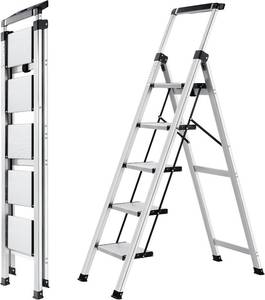 lot 141980 image: Retails for $135 XinSunho 5 Step Ladder, Retractable Handgrip Folding Step Stool with Anti-Slip Wide Pedal, Aluminum Stool Ladders 5 Steps, 330lbs Safety Household Ladder