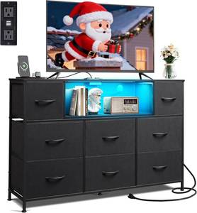 lot 141984 image: WLIVE Black Dresser TV Stand for 45, 50, 55 inch TV, Entertainment Center with LED Lights & Charging Station, Chest of Drawers with 8 Fabric Drawers and Open Shelves for Living Room, Hallway, Wood Top