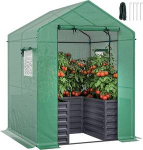 lot 241913 image: Retails for $143 Outsunny Greenhouse with Raised Garden Bed, 56 x 56 x 75 Galvanized Steel Planter Box with PE Cover, Roll Up Door and Windows, Outdoor Greenhouse for Flowers Vegetables, Dark Gray