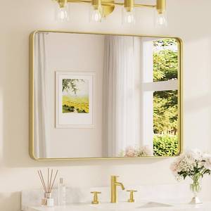 lot 241914 image: Retails for $114 TETOTE 40 x 30 Inch Gold Bathroom Mirror, Brushed Brass Metal Frame Mirror for Vanity, Rectangle Wall Mounted Golden Modern Mirror (HorizontalVertical)
