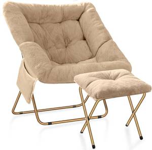 lot 341897 image: Comfy Saucer Chair for Adults, Foldable Living Room Chairs, Soft Faux Fur Lounge Chair for Bedroom, Reading Chairs, X-Large (Ottoman-Beige)