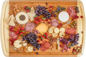 lot 341905 image: Retails for $150 Totally Bamboo 36 x 24 Bamboo Wood XXL Cutting Board, Stove Top Cover or Over the Sink Chopping Block, Noodle Board and Giant Charcuterie Serving Tray