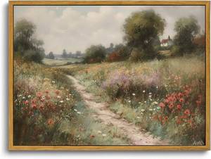 lot 441824 image: OIQArtOIQ Vintage Landscape Canvas Wall Art Framed Natural Scenery Painting Artwork Prints France Country Wilderness Farmhouse Decor Pictures Kitchen Bedroom Living Room Bathroom