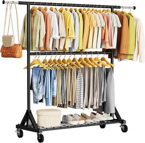 lot 441841 image: Luxspire Heavy Duty Clothes Rack Load 600 LBS, Double Rod Clothing Rack, Rolling Garment Racks with Lockable Wheels, Shelves, Adjustable Laundry Hanging Racks for Clothes, Black