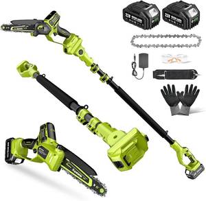 lot 441852 image: Retails for $110 Electric Pole Saws for Tree Trimming, 8 Inch & 6 Inch Mini Chainsaw Cordless with Extension Pole, 16Ft Reach, 2x4.0Ah Battery, Auto Oiling, Tool-Free Chain Tensioning, Tree Trimmer for Branch Limb Cut
