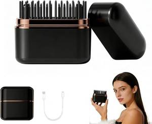 lot 441864 image: Cordless Mini Hair Straightener Brush - Rechargeable Battery-Powered, Portable Small Straightening Comb with LCD 3 Temperature Settings for Travel,RV, Outdoor