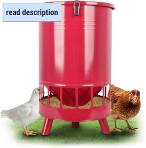lot 141969 image: Solution4Patio 50LB No-Waste Chicken Feeder, Large Capacity Gravity Dispenser with Spill Control & 16 Feeding Ports Poultry Feeder for Outdoors & Hen Coop (Red)