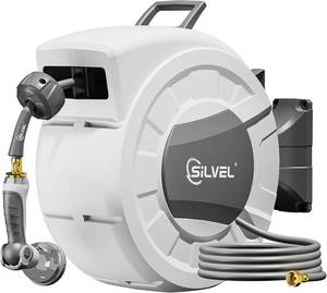 lot 151864 image: SILVEL Retractable Garden Hose Reel, 12 in x 100ft Wall Mount Heavy Duty Automatic Hose Reel with 10 Pattern Nozzle, Any Length Lock & Slow Return System, 180 Swivel Bracket Upgraded UV Resistant