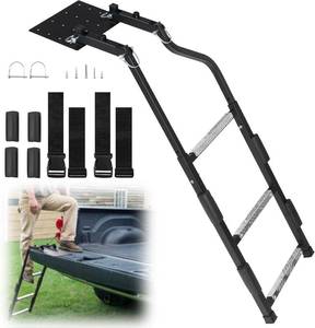 lot 151869 image: Tailgate Ladder for Pickup Trucks- Heavy Duty Foldable Rear Ladder Anti-Slip Steps, Adjustable Height Universal Fit Truck Accessories for Ram Ford Chevy GMC, Easy Installation with 4 Screw Options
