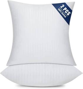 lot 151887 image: OKBA Set of 2 Throw Pillow Inserts, Hypoallergenic Soft & Firm Cushions with 100% Cotton Cover,Pillows Filler for Side Sleepers, Sofa, Bed and Home Decor (26x26 Inch (Pack of 2)-1CM Stripe)
