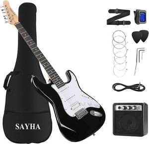 lot 151890 image: Retails for $106 SAYHA Electric Guitar, 39 Inch Solid Full-size Electric Guitar HSS Pickups Starter Kit Includes Amplifier, Bag, Digital Tuner, Strap, String, Cable, Picks Black