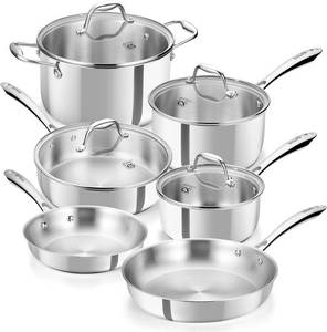 lot 251376 image: Retails for $140 KOCH SYSTEME CS Tri-Ply Stainless Steel Cookware Set 10 Piece, Professional 1810 Stianless Steel Pots and Pans Set, Oven & Induction Safe, Non-Toxic Kitchen Cookware Set for Family Cooking, 10pcs