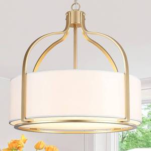 lot 251377 image: Retails for $190 20.5 Gold Drum Chandelier Light Fixture, 5-Light Large Modern Farmhouse Chandeliers for Dining Room Gold Drum Hanging Pendant Light with White Fabric Shade for Kitchen Living Room Foyer Bedroom