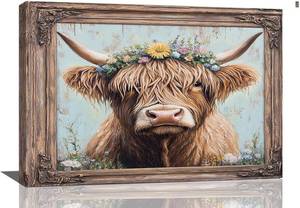 lot 251384 image: Farmhouse Highland Cow Decor Wall Art, Funny Bathroom Sign Pictures, Floral Highland Cow Canvas Painting, Funny Animal Framed Artwork for Bathroom Bedroom Decor 24L   16W