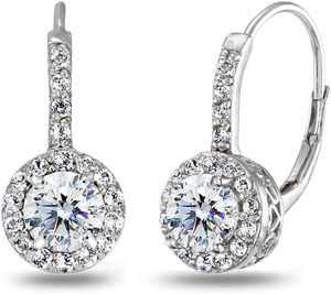 lot 251399 image: Sterling Silver Round Dainty Halo Leverback Earrings Made with AAA Cubic Zirconia