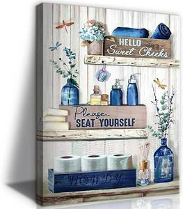 lot 351477 image: BJVJKSU Navy Blue Bathroom Decor Wall Art Rustic Blue Bathroom Canvas Wall Decor Please Seat Yourself Sign Print Painting Vintage Aesthetic Picture Artwork Decor(16x24in)
