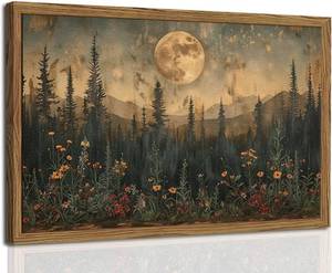 lot 351478 image: Vintage Nature Forest Wall Art Dark Moon Landscape Painting Wall Decor Woodland Picture Artwork 3D Textured Hand Drawn Sandstone for Farmhouse Bedroom Living Room 24x36 inch Wood Framed
