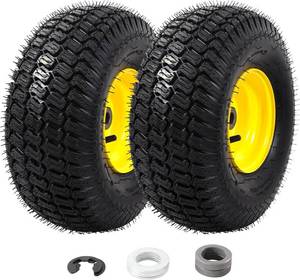 lot 451869 image: MZREXN (2 Pack) 15x6.00-6 Lawn Mower Tires and Wheel Assembly, Front Tires Replacement, Compatible with John Deere & More Riding Mowers, 4 Ply Pneumatic, 3 Offset Hub, 34 Bearings, Tubeless