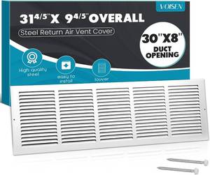 lot 451889 image: VOISEN Return Air Grille,Fits 30x8 Duct Opening,Steel Return Vent Cover, White Vent Cover Grill for Sidewall and Ceiling,HAVC Cold Air Return Vent Cover,Overall Size31.8W X 9.8H