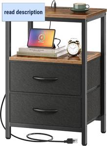 lot 251365 image: Huuger Nightstand with Charging Station, Side Table with Fabric Drawers, End Table with Open Shelf, Bedside Table with USB Ports and Outlets, Night Stand for Bedroom, Rustic Brown and Black