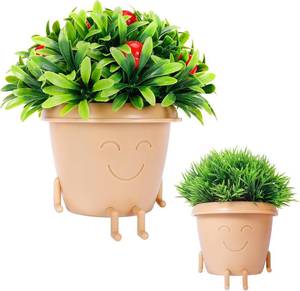 lot 9187172 image: Cute Flower Pots, 2 Pack Smile Face Plant Pots, 3.5 Inch Plastic Succulent Pots with Drainage, Unique Indoor Planter for VioletsHerbs, Funny Sitting Pot for Plant Lover Gift (Beige)