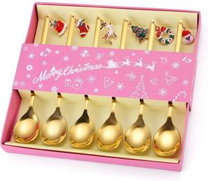 lot 9187237 image: Coffee Spoons Gold Silverware Christmas 6 Pieces Small Stainless Steel Flatware Xmas Decorative Pendants Cute Drinking Stirrers for Festive and Daily Kitchen Utensils