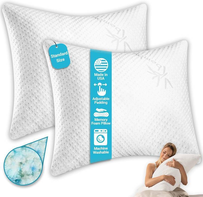 lot 461019 image: Xtreme Comforts Bed Pillows for Sleeping (2 Pack)  Adjustable Shredded Memory Foam Pillows with Removable Cooling Cover  Fluffy Pillows Support for Side, Back & Stomach Sleepers - Standard Size