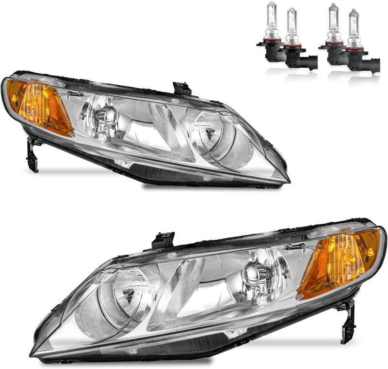 lot 371007 image: Headlights Assembly for 2006-2011 Honda Civic 4-Door Headlamp Replacement Chrome Housing Driver & Passenger Side (NOT fit 2-Door)