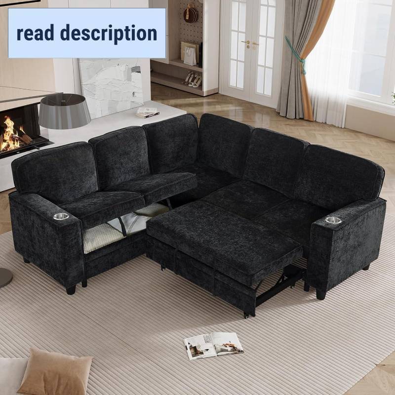lot 441705 image: Retails for $499 L-Shaped Sofa with Pull Out Sofa Bed, Sleeper Sofa Couch Bed with Storage Seat, 5 Seat Sectional Sofa with USB and Cup Holder for Living Room Apartment (Black-2.11)