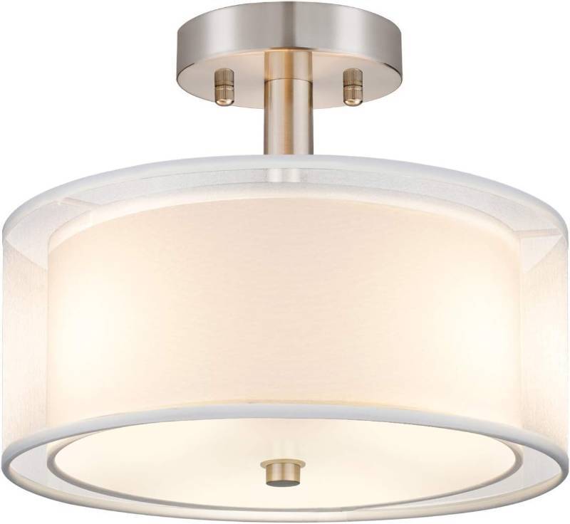 lot 211204 image: FOLKSMATE 3-Light Semi Flush Mount Ceiling Light Fixture, Drum Light with Double Fabric Shade, Modern Close to Ceiling Lamps for Dining Room Kitchen