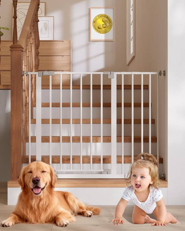 lot 311152 image: InnoTruth 29.5 40.75 Baby Gate for Stairs, 30 Tall Dog Gates for Doorways & Hallways, Safety Gate for Kids & Pets, Pressure-Mounted Walk-Through with Dual Lock & 2-Way Swing, White