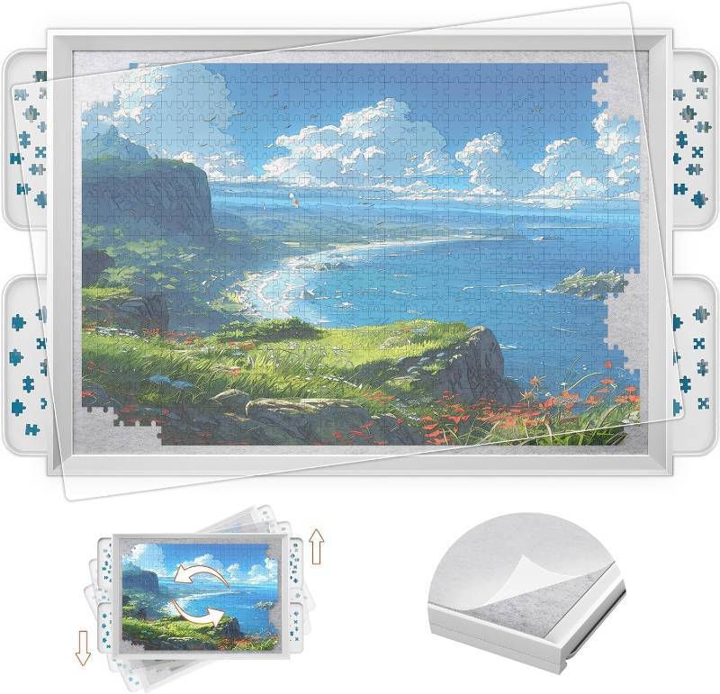 lot 311166 image: 1500 Pieces Move & Rotating Puzzle Board with Drawers 36.42 x 28.94 Portable Jigsaw Puzzle Table for Adults, Wooden Puzzle Board with Covers & Wheels, Birthday Gifts for Mom (White01)